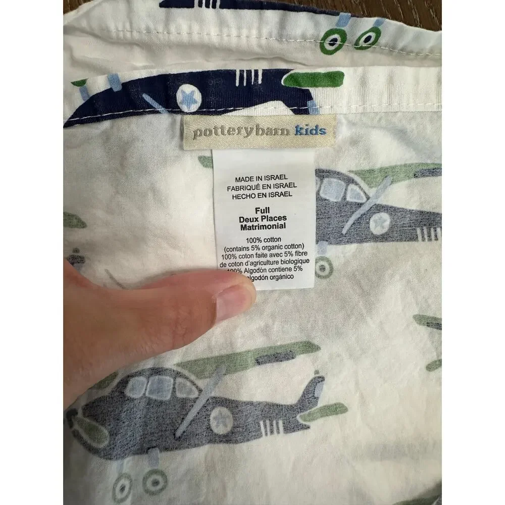 EUC Pottery Barn Full FLAT Sheet Vintage Airplane Print Blue Green